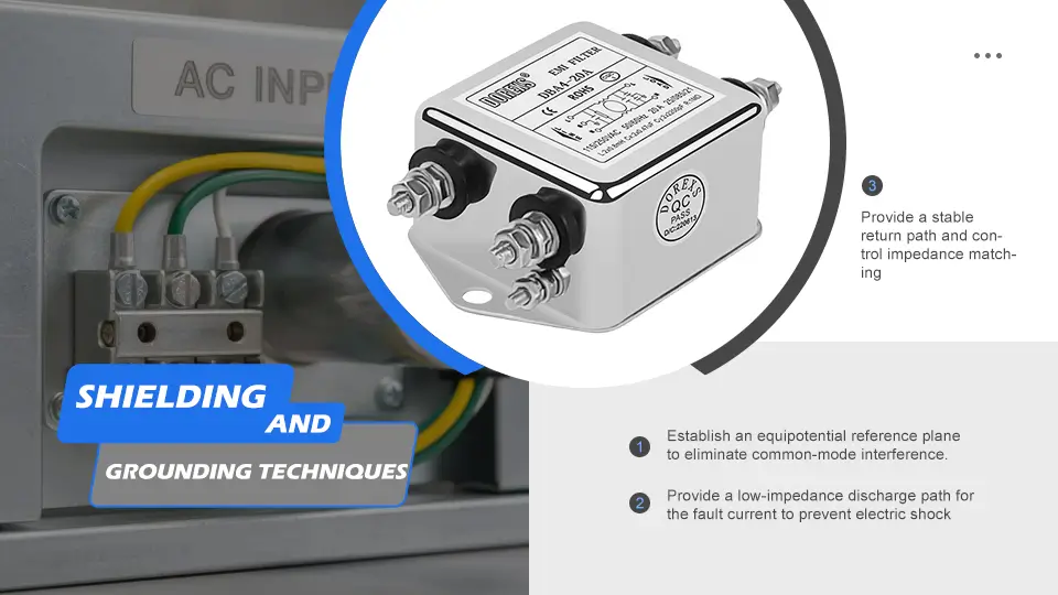  a detailed view of a filtered power entry module installation, highlighting proper grounding connections essential for minimizing electromagnetic interference in sensitive medical equipment. This careful setup is crucial for ensuring optimal performance